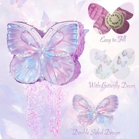Butterfly Pinata Set - Purple Crystal Butterfly Pull String Piñata with Blindfold, Bat, Confetti for Birthday Fairy Party Decorations (16.1'') in Kuwait
