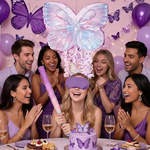 Butterfly Pinata Set - Purple Crystal Butterfly Pull String Piñata with Blindfold, Bat, Confetti for Birthday Fairy Party Decorations (16.1'') in Kuwait