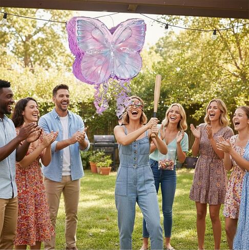 Butterfly Pinata Set - Purple Crystal Butterfly Pull String Piñata with Blindfold, Bat, Confetti for Birthday Fairy Party Decorations (16.1'') in Kuwait