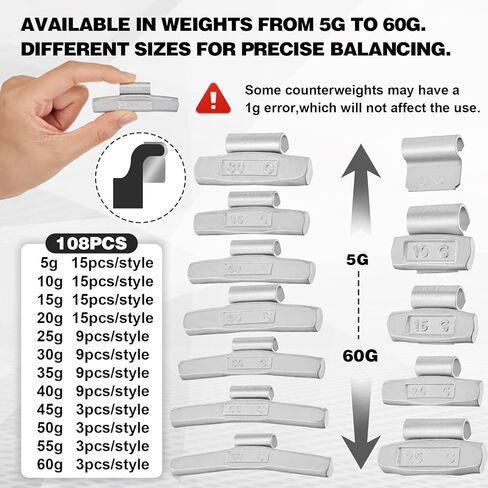 Fumete 108 Pcs Iron Clip on Wheel Weights Assortment, Heavy Duty Tire Balancers, Rim Weights 5g, 10g, 15g, 20g, 25g, 30g, 35g, 40g, 45g, 50g, 55g, 60g, Fits Steel & Aluminum Wheels for Cars, Trucks in Kuwait