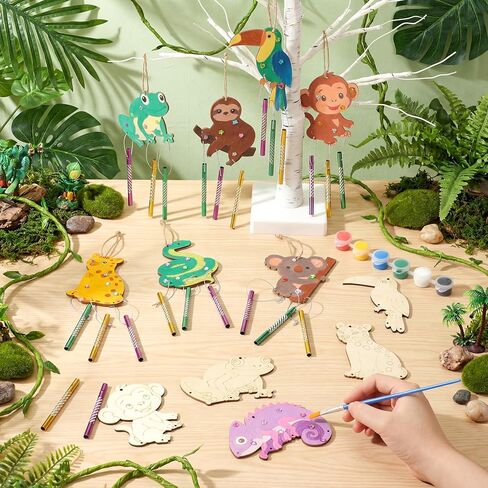 Blueweenly 32 Set 2026 VBS Crafts Painting Kits for Kids, Wood Rainforest Animals Wind Chime Kit Make Your Own Tropical Rainforest DIY Wood Arts for Sunday School Church Summer Activities in Kuwait