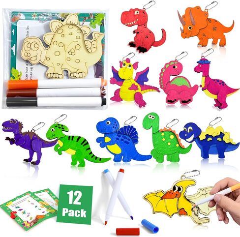 12 Pack Dinosaur Party Favors, Wooden Painting Kit Art and Crafts for Kids Dino Painting Toys Birthday Party Return Gifts Goodie Bag Filler Pinata Stuffer Classroom Prizes Wood Keychain Paintable Kit in Kuwait