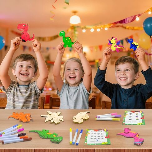12 Pack Dinosaur Party Favors, Wooden Painting Kit Art and Crafts for Kids Dino Painting Toys Birthday Party Return Gifts Goodie Bag Filler Pinata Stuffer Classroom Prizes Wood Keychain Paintable Kit in Kuwait