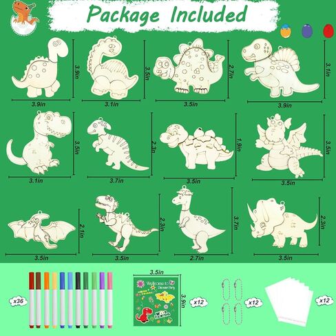 12 Pack Dinosaur Party Favors, Wooden Painting Kit Art and Crafts for Kids Dino Painting Toys Birthday Party Return Gifts Goodie Bag Filler Pinata Stuffer Classroom Prizes Wood Keychain Paintable Kit in Kuwait