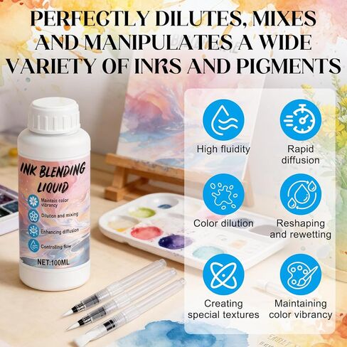 JAOJAO Alcohol Ink Blending Solution, 100ml Ink Medium Liquid with Water Pen for Art Painting, Resin, Fluid Art Supplies in Kuwait