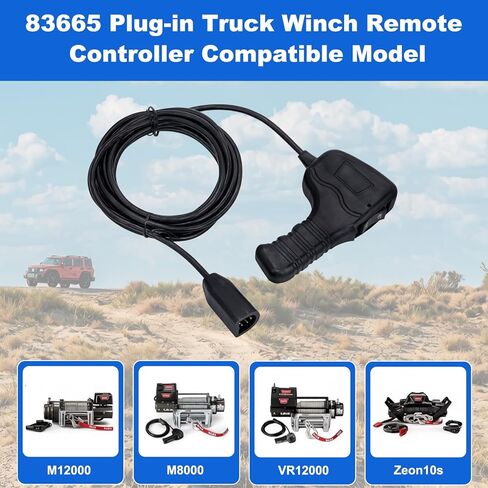 83665 Plug-in Truck Winch Remote Controller, Compatible with Warn M8000 M10000 M12000 Ford Jeep Wrangler Dodge Ram Power Wagon, 12Ft 5-Pin D-Shape Plug Ergonomic Grip, Fit for 3 or 5 Wire Round Plugs in Kuwait