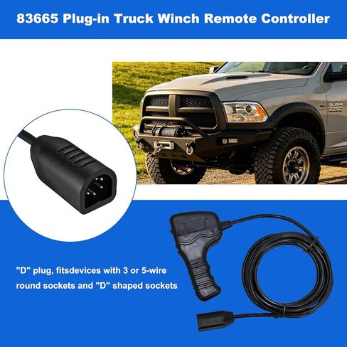 83665 Plug-in Truck Winch Remote Controller, Compatible with Warn M8000 M10000 M12000 Ford Jeep Wrangler Dodge Ram Power Wagon, 12Ft 5-Pin D-Shape Plug Ergonomic Grip, Fit for 3 or 5 Wire Round Plugs in Kuwait