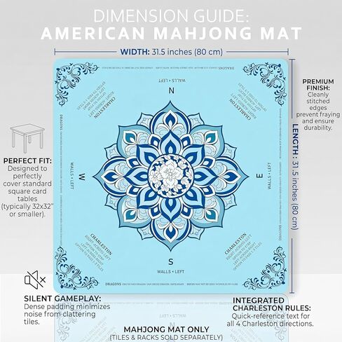 Blue Mahjong Mat for Table 3 Layer Thickened Non-Slip Noise Reducing American Mahjong Mat with Charleston Direction Guide Washable Foldable Mat for Mahjong, Poker, Board Games Dominoes and Card Games in Kuwait
