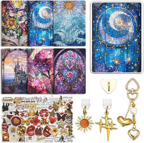 WOZEAH 6PCS Cardstock Inserts for Clear Case, 50PCS Stickers, Charm Chain & 2 Dust Plug Charms, 6.8"x4.8" E-Reader Decorating Accessories for Kindle Paper White 11th/12th Gen(Kit 4) in Saudi Arabia