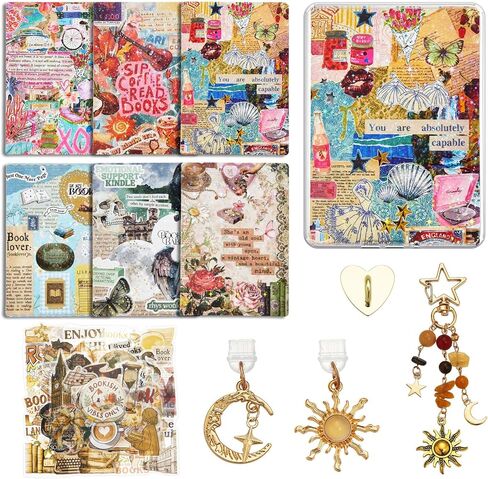 WOZEAH 6PCS Cardstock Inserts for Clear Case, 50PCS Stickers, Charm Chain & 2 Dust Plug Charms, 6.8"x4.8" E-Reader Decorating Accessories for Kindle Paper White 11th/12th Gen(Kit 4) in Saudi Arabia
