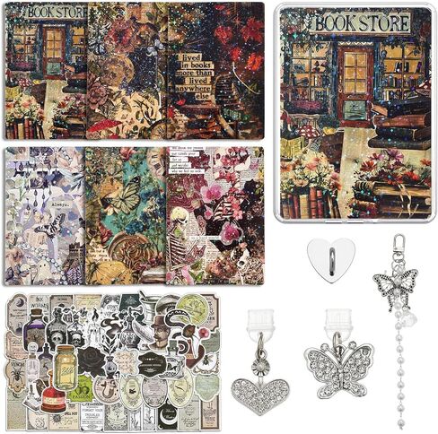 WOZEAH 6PCS Cardstock Inserts for Clear Case, 50PCS Stickers, Charm Chain & 2 Dust Plug Charms, 6.8"x4.8" E-Reader Decorating Accessories for Kindle Paper White 11th/12th Gen(Kit 4) in Saudi Arabia