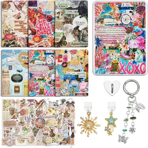 WOZEAH 6PCS Cardstock Inserts for Clear Case, 50PCS Stickers, Charm Chain & 2 Dust Plug Charms, 6.8"x4.8" E-Reader Decorating Accessories for Kindle Paper White 11th/12th Gen(Kit 4) in Saudi Arabia