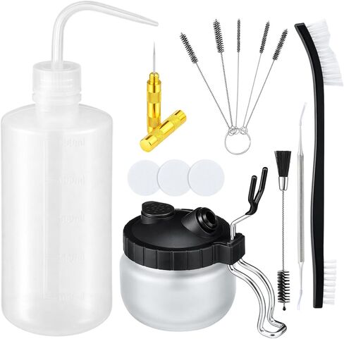 Sieral 8 Pcs Airbrush Spray Gun Cleaning Kit Double Sided Brush, Large General Brushes, Double Side Dental Pick, Glass Jar with Holder, 5 Needle, 5 Brushes, Wash Needle, 500ml Plastic Bottle in Kuwait