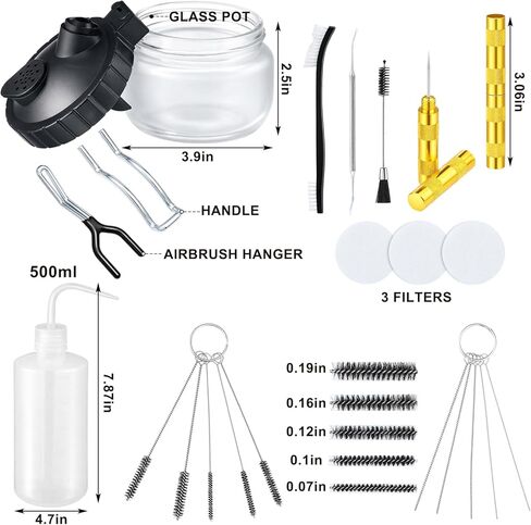 Sieral 8 Pcs Airbrush Spray Gun Cleaning Kit Double Sided Brush, Large General Brushes, Double Side Dental Pick, Glass Jar with Holder, 5 Needle, 5 Brushes, Wash Needle, 500ml Plastic Bottle in Kuwait