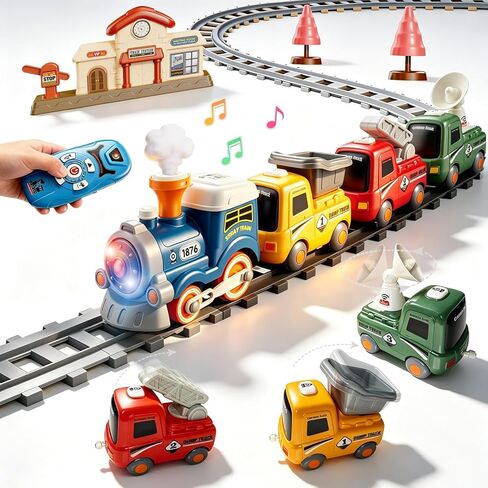 Train Set for Toddlers w/Steam Music & Lights - Electric Train Toys for Kids w/Tracks Including 3 Dinosaur Cars and 3 Trailers Christmase Birthday Gifts for Boys Girls 3 4 5 6+ Years Old in Kuwait
