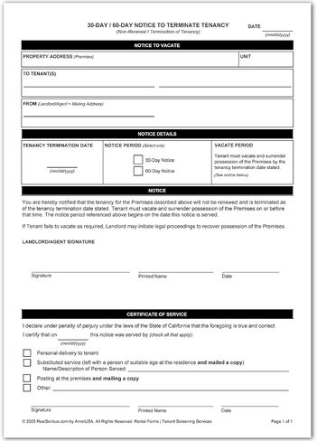 California 30-Day / 60-Day Notice to Terminate Tenancy | Landlord Form to End Rental Agreement with Instructions & Service Certificate in Kuwait