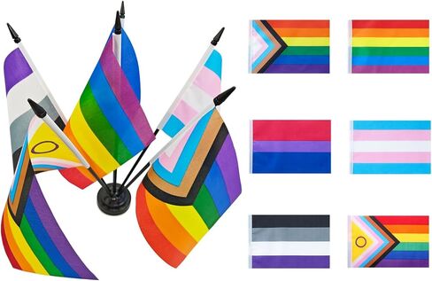Rainbow Pride Deluxe Desk Flag Set -6 Branch Miniature Gay LGBT Flag Desk Set Table Black Base and Spear Top-Desktop Decorations in Kuwait
