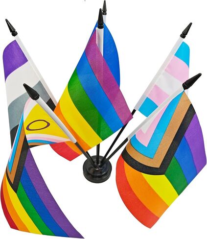 Rainbow Pride Deluxe Desk Flag Set -6 Branch Miniature Gay LGBT Flag Desk Set Table Black Base and Spear Top-Desktop Decorations in Kuwait