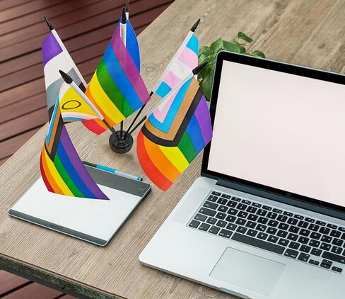 Rainbow Pride Deluxe Desk Flag Set -6 Branch Miniature Gay LGBT Flag Desk Set Table Black Base and Spear Top-Desktop Decorations in Kuwait