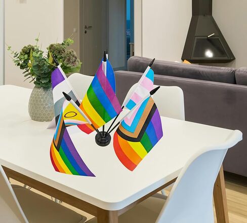 Rainbow Pride Deluxe Desk Flag Set -6 Branch Miniature Gay LGBT Flag Desk Set Table Black Base and Spear Top-Desktop Decorations in Kuwait