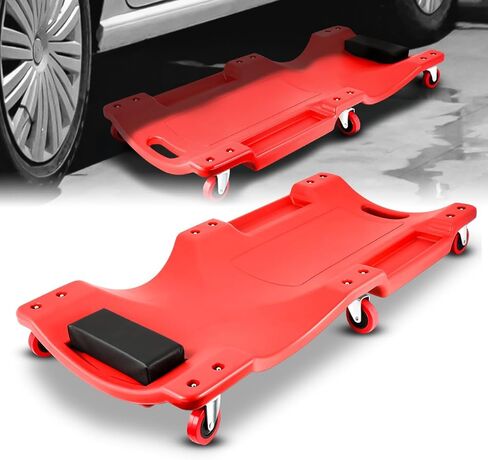 Mechanic Creeper 36 Inch, Low Profile Under Car Rolling Creeper with Padded Headrest and Tool Trays, 300 LBS Capacity, Ergonomic Body Design, Red in Kuwait