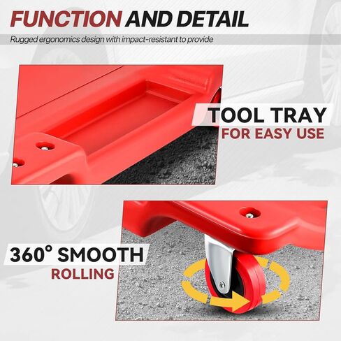Mechanic Creeper 36 Inch, Low Profile Under Car Rolling Creeper with Padded Headrest and Tool Trays, 300 LBS Capacity, Ergonomic Body Design, Red in Kuwait