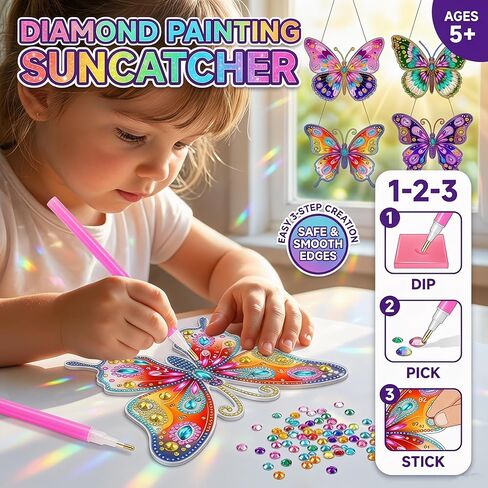 مجموعة ZhengYuFa Diamond Art Kit للفنون والحرف اليدوية للأطفال الذين تتراوح أعمارهم بين 8-12 عامًا، فن الفراشة الماسية، هدايا فتاة تبلغ من العمر 6/7/8/9/10 سنوات، مجموعة فراشات فنية جوهرة مع معلقات النوافذ وغرفة النوم والخزائن in Kuwait