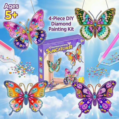 مجموعة ZhengYuFa Diamond Art Kit للفنون والحرف اليدوية للأطفال الذين تتراوح أعمارهم بين 8-12 عامًا، فن الفراشة الماسية، هدايا فتاة تبلغ من العمر 6/7/8/9/10 سنوات، مجموعة فراشات فنية جوهرة مع معلقات النوافذ وغرفة النوم والخزائن in Kuwait
