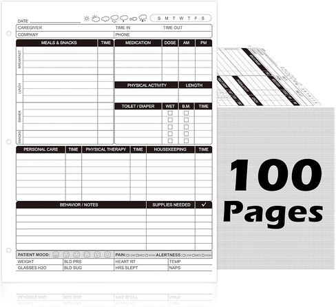 100 Pages 3 Hole Caregiver Daily Sheets 8.5 x 11 Inch Caregiver Checklist Notepad Caregiver Daily Log Book for Home Care Nursing Assisted Living and Senior Care (50 sheets) in Saudi Arabia