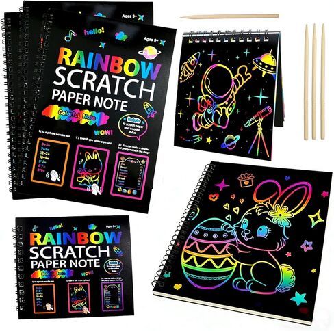 4Pcs Rainbow Scratch Paper Art Set, Magic Scratch Off Supplies with Wooden Stylus, 3 Large 1 Small Pad for DIY Cards Party Favors Easter Travel Craft in Kuwait