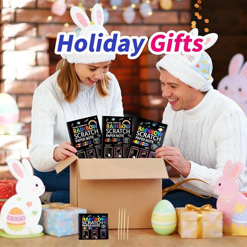 4Pcs Rainbow Scratch Paper Art Set, Magic Scratch Off Supplies with Wooden Stylus, 3 Large 1 Small Pad for DIY Cards Party Favors Easter Travel Craft in Kuwait