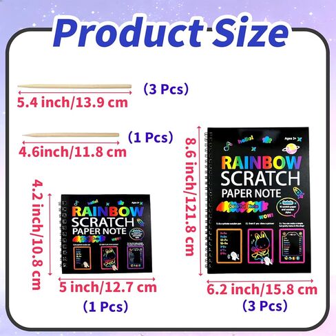 4Pcs Rainbow Scratch Paper Art Set, Magic Scratch Off Supplies with Wooden Stylus, 3 Large 1 Small Pad for DIY Cards Party Favors Easter Travel Craft in Kuwait