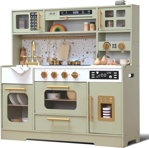 Kids Wooden Play Kitchen Set – Realistic Pretend Play Kitchen with Stove, Sink, Coffee Maker, Ice Maker & 15 Fun Accessories | Montessori-Inspired Toy Kitchen for Toddlers Ages 3+ in Kuwait
