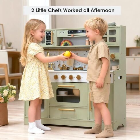 Kids Wooden Play Kitchen Set – Realistic Pretend Play Kitchen with Stove, Sink, Coffee Maker, Ice Maker & 15 Fun Accessories | Montessori-Inspired Toy Kitchen for Toddlers Ages 3+ in Kuwait