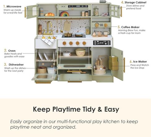 Kids Wooden Play Kitchen Set – Realistic Pretend Play Kitchen with Stove, Sink, Coffee Maker, Ice Maker & 15 Fun Accessories | Montessori-Inspired Toy Kitchen for Toddlers Ages 3+ in Kuwait
