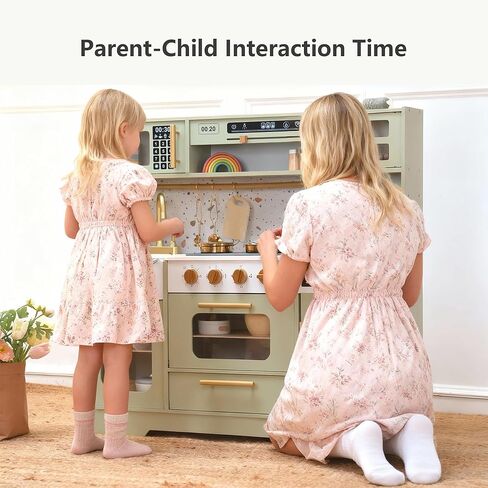 Kids Wooden Play Kitchen Set – Realistic Pretend Play Kitchen with Stove, Sink, Coffee Maker, Ice Maker & 15 Fun Accessories | Montessori-Inspired Toy Kitchen for Toddlers Ages 3+ in Kuwait
