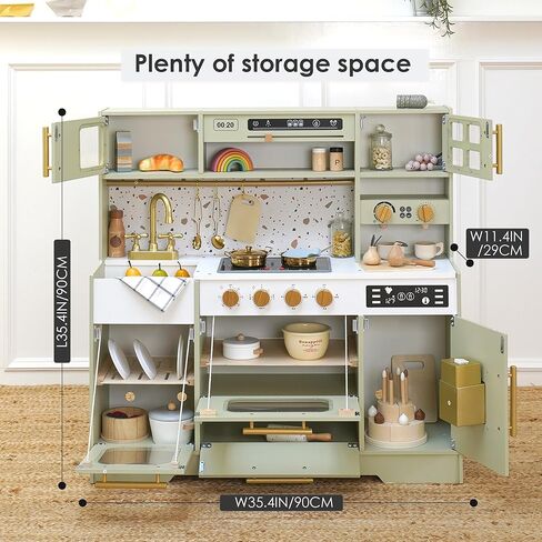 Kids Wooden Play Kitchen Set – Realistic Pretend Play Kitchen with Stove, Sink, Coffee Maker, Ice Maker & 15 Fun Accessories | Montessori-Inspired Toy Kitchen for Toddlers Ages 3+ in Kuwait