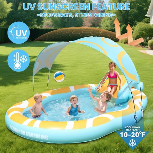 Kiddie Pool with Slide and Canopy, Inflatable Kids Pool with Slide Large Durable Thickened Toddler Pool, Backyard Water Play Center for Kids, Inflatable Water Slide for Kids Backyard (126"x72"x52") in Kuwait
