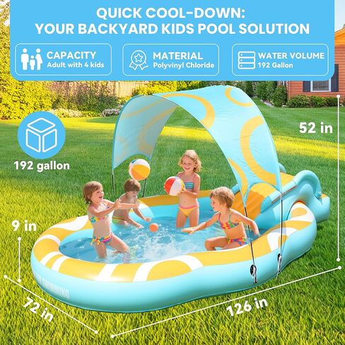 Kiddie Pool with Slide and Canopy, Inflatable Kids Pool with Slide Large Durable Thickened Toddler Pool, Backyard Water Play Center for Kids, Inflatable Water Slide for Kids Backyard (126"x72"x52") in Kuwait