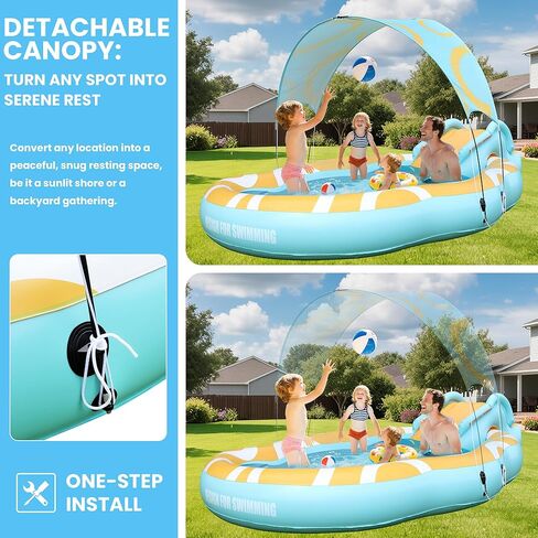 Kiddie Pool with Slide and Canopy, Inflatable Kids Pool with Slide Large Durable Thickened Toddler Pool, Backyard Water Play Center for Kids, Inflatable Water Slide for Kids Backyard (126"x72"x52") in Kuwait