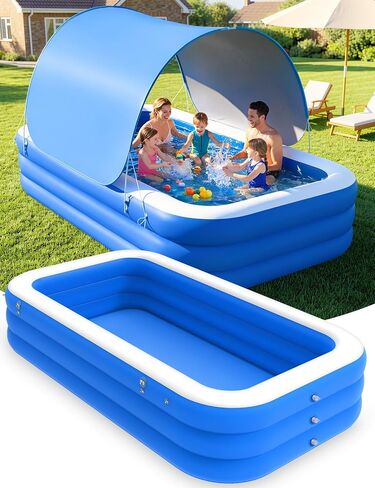 MoKo Inflatable Swimming Pool with Canopy, Large Blow Up Pool with Shade for Adults Kids Kiddie Toddler, 102" × 65" × 23" Big Foldable Family Above Ground Pools for Backyard Garden, Blue/White in Kuwait