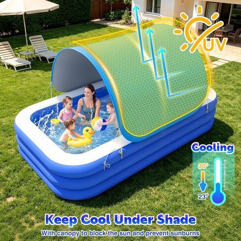 MoKo Inflatable Swimming Pool with Canopy, Large Blow Up Pool with Shade for Adults Kids Kiddie Toddler, 102" × 65" × 23" Big Foldable Family Above Ground Pools for Backyard Garden, Blue/White in Kuwait
