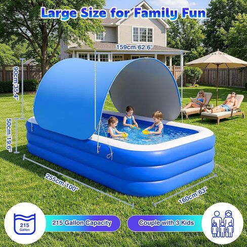 MoKo Inflatable Swimming Pool with Canopy, Large Blow Up Pool with Shade for Adults Kids Kiddie Toddler, 102" × 65" × 23" Big Foldable Family Above Ground Pools for Backyard Garden, Blue/White in Kuwait
