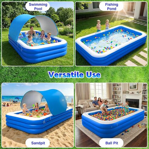 MoKo Inflatable Swimming Pool with Canopy, Large Blow Up Pool with Shade for Adults Kids Kiddie Toddler, 102" × 65" × 23" Big Foldable Family Above Ground Pools for Backyard Garden, Blue/White in Kuwait