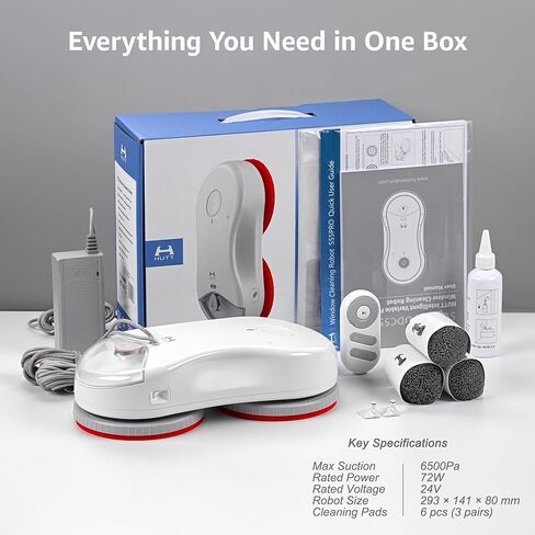 روبوت تنظيف النوافذ HUTT S55 Pro، وسادات عائمة ثلاثية الأبعاد، شفط يصل إلى 6500 باسكال، بخاخ مضخة HydroJet، ملاحة SLAM 4.0، خزان مياه 80 مل، 6 قطع قماش، مثالي للنوافذ الشاهقة والبلاط والزجاج in Kuwait