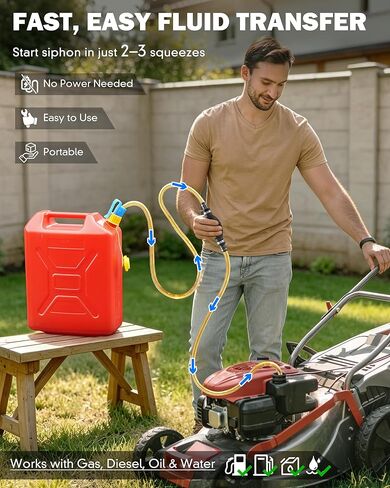 Gas Siphon Hose Pump, Manual Fuel Transfer Pump for Gasoline, Diesel & Water, Fast Flow Hand Syphon Pump with PVC Hose, Portable Fluid Transfer Pump for Gas Can, Lawn Equipment, Emergency Refueling in Kuwait