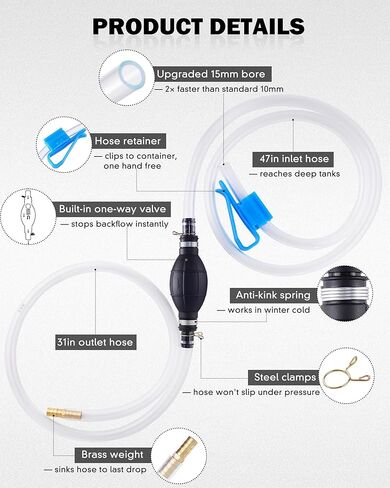 Gas Siphon Hose Pump, Manual Fuel Transfer Pump for Gasoline, Diesel & Water, Fast Flow Hand Syphon Pump with PVC Hose, Portable Fluid Transfer Pump for Gas Can, Lawn Equipment, Emergency Refueling in Kuwait