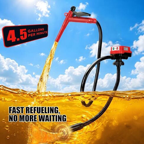 مضخة نقل وقود لاسلكية 4.5GPM مع خرطوم PVC مقاس 51 بوصة، متوافقة مع DeWalt 20V (تشمل POWERSTACK) وبطاريات Milwaukee 18V، و4 محولات ومحولات متعددة، ومضخة غاز لجزازات العشب والسيارات (أداة عارية) in Kuwait