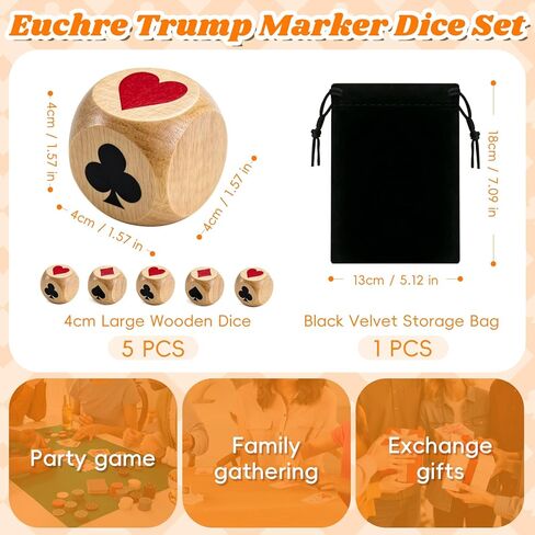 مجموعة نرد خشبية من 5 قطع من Euchre Trump Marker - كبيرة 1.57 بوصة (4 سم) مكعب Euchre مطبوع شفاف، مجموعة ألعاب Trump Poker، للاعبي Euchre ومحبي ألعاب البطاقات in Kuwait