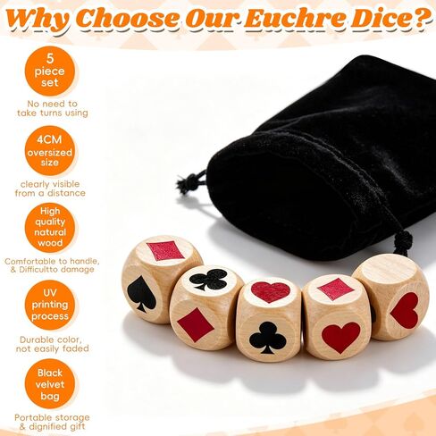 مجموعة نرد خشبية من 5 قطع من Euchre Trump Marker - كبيرة 1.57 بوصة (4 سم) مكعب Euchre مطبوع شفاف، مجموعة ألعاب Trump Poker، للاعبي Euchre ومحبي ألعاب البطاقات in Kuwait